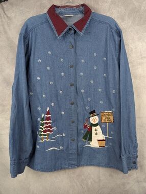 Vtg Decorated Originals Snowman Denim Shirt XXL Plus Christmas Winter Embroidery